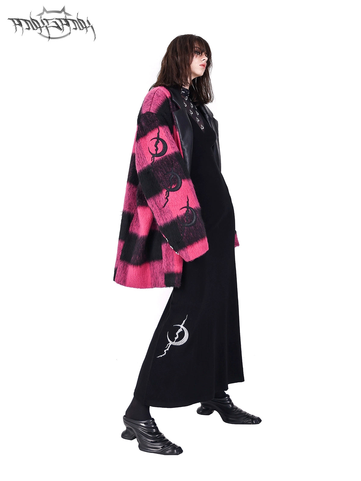 Plaid Leather Embroidered Shoulder Pads Genderless Coat