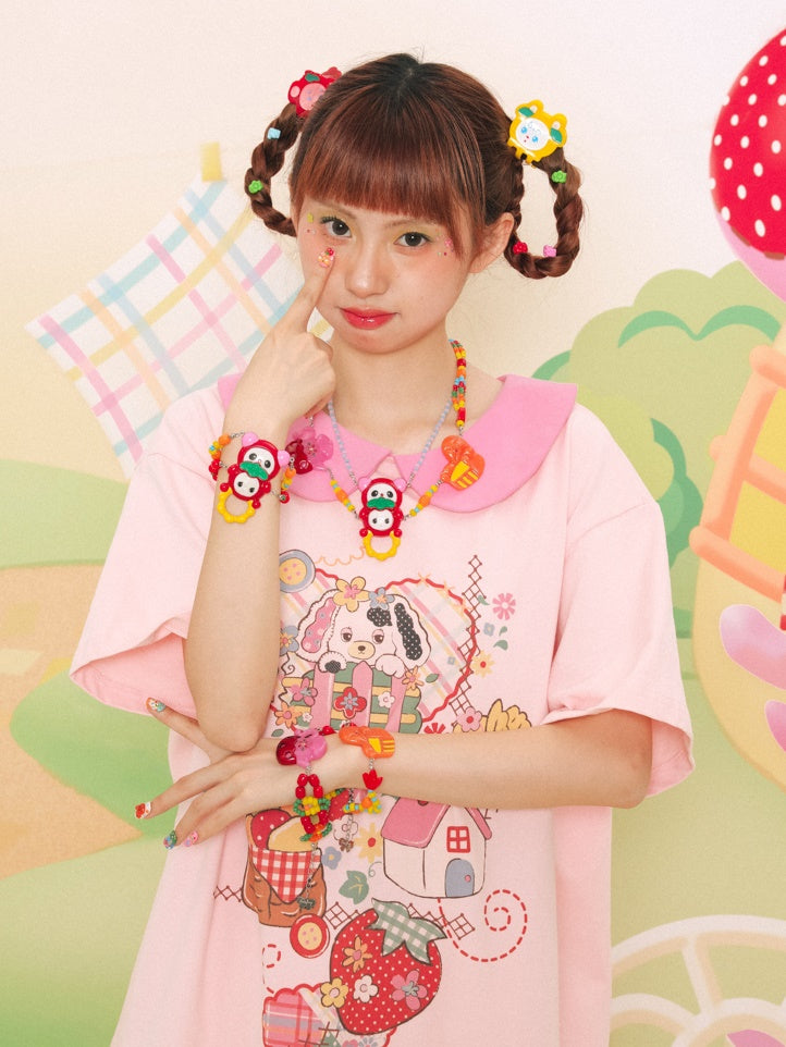 Doll Collar Printed Short-sleeved T-shirt One-piece