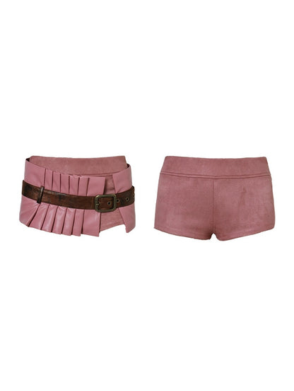 Embroidered Fake Suede Shorts ＆ Decorative Belt Skirt Set-up