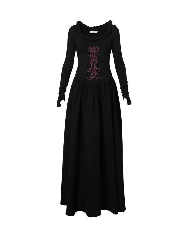 U-Neck Embroidery Waist Switching Long Dress