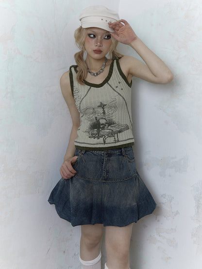 Retro Old Bud Fluffy A-line Denim Skirt