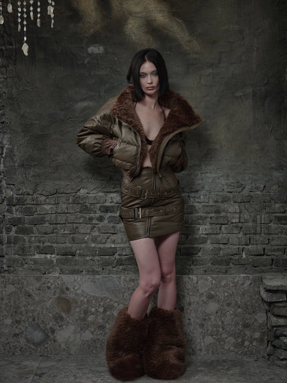 Fur Collar Short Down Jacket ＆ Slant Zipper Skirt