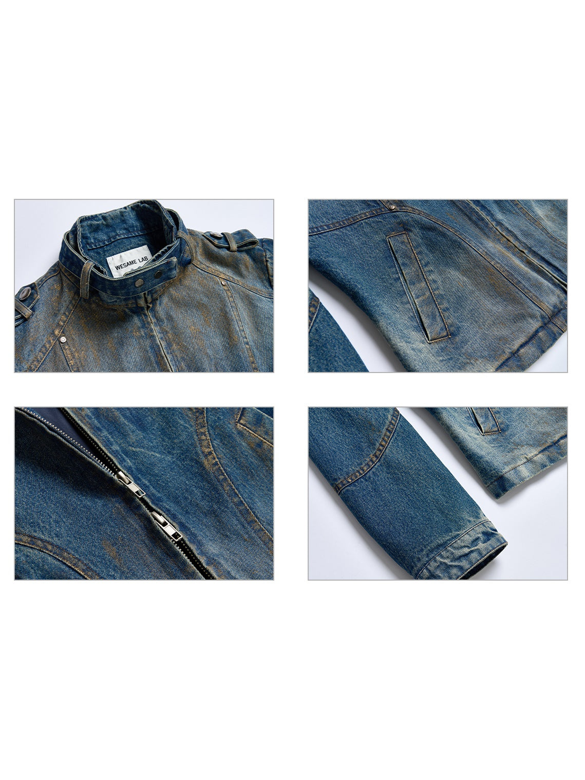 Gold-brushed Slim-fitting Stand-Collar Denim Short Jacket