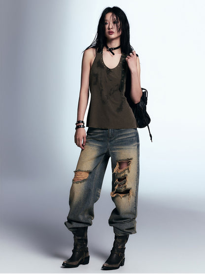 Distressed Ripped Raw Edge Loose Straight Jeans