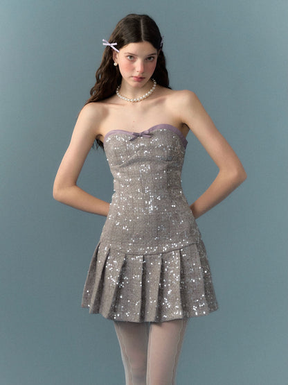 Sequins Strapless Waist Pleated Short Dress