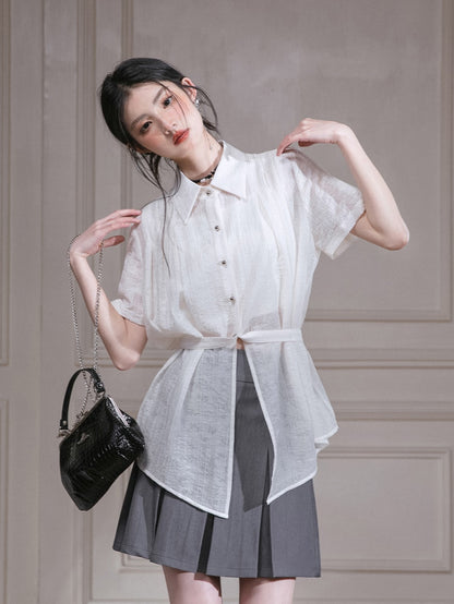 Bamboo Shadow Shoulder Pleated Waist Shirt &amp; Camisole Set-up