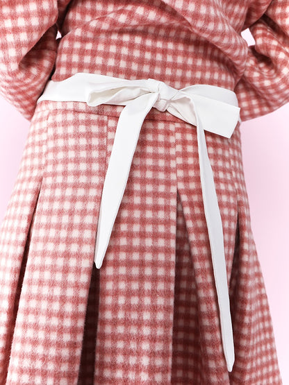 Retro Gingham Plaid Big Collar Jacket ＆ Pleated Skirt