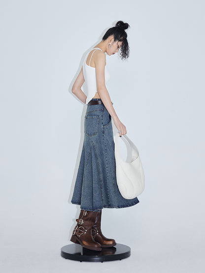 High Waist A-line Fishtail Umbrella Denim Skirt