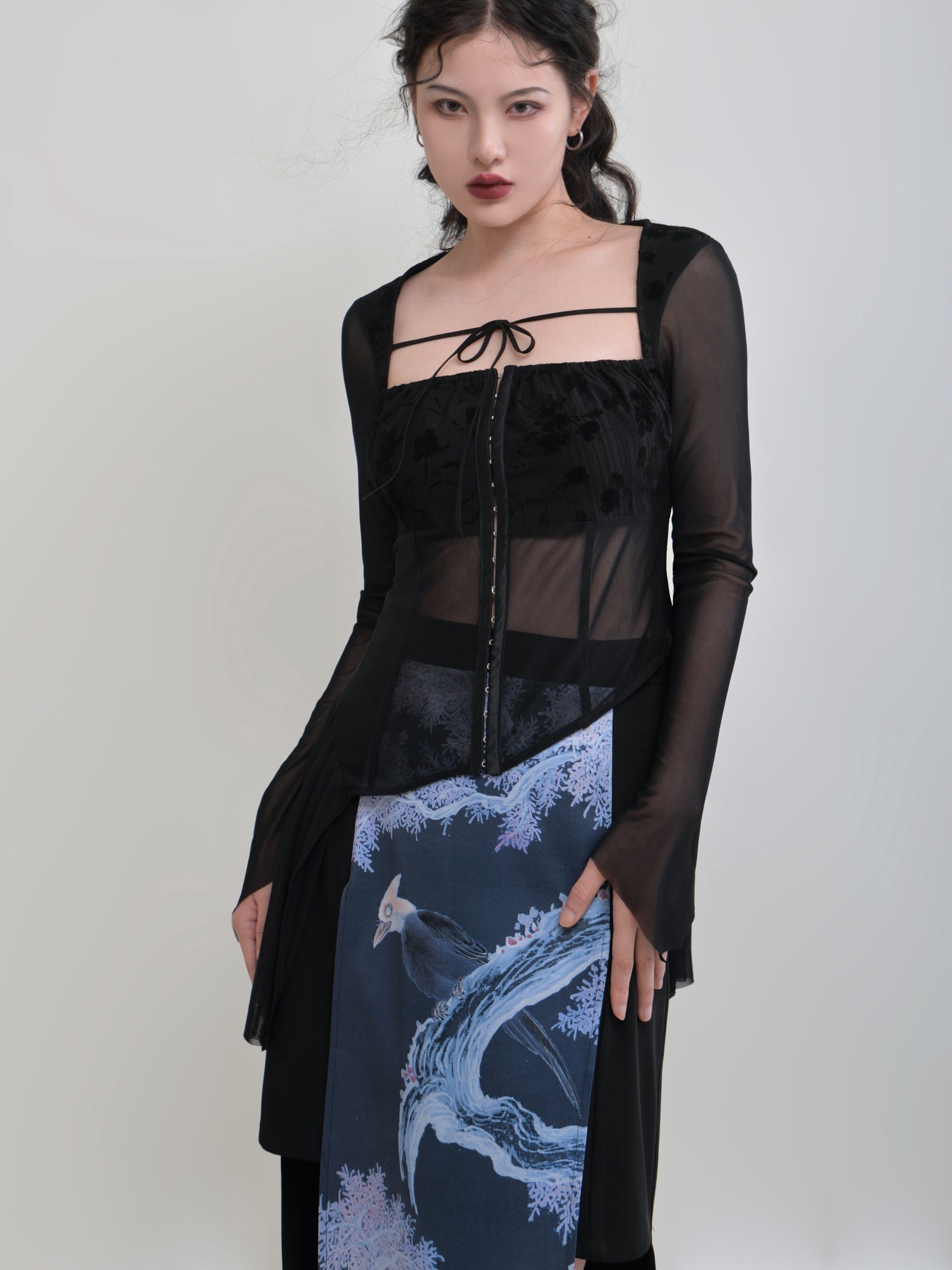 Chinese Style Printed Stitching High Waist Skirt