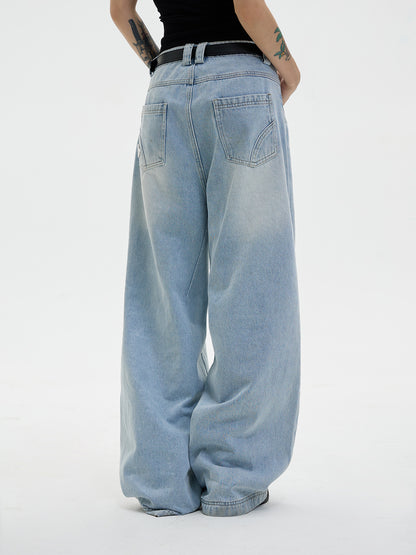 Unisex Faded Wide-Leg Simple Denim Pants