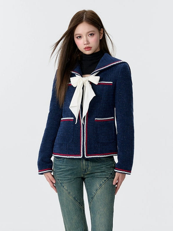 College Style Navy Collar Bow Tweed Padded Jacket