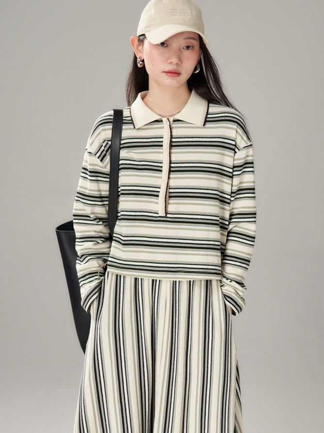 Easy Chic Grainy Texture Striped Knitted POLO Shirt ＆ Skirt