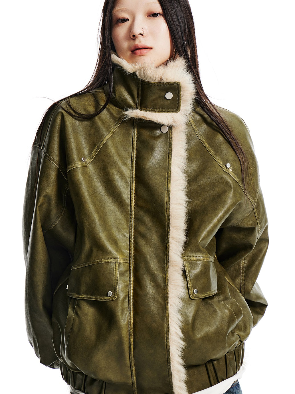 Furry Stand-Collar Washed Leather Jacket