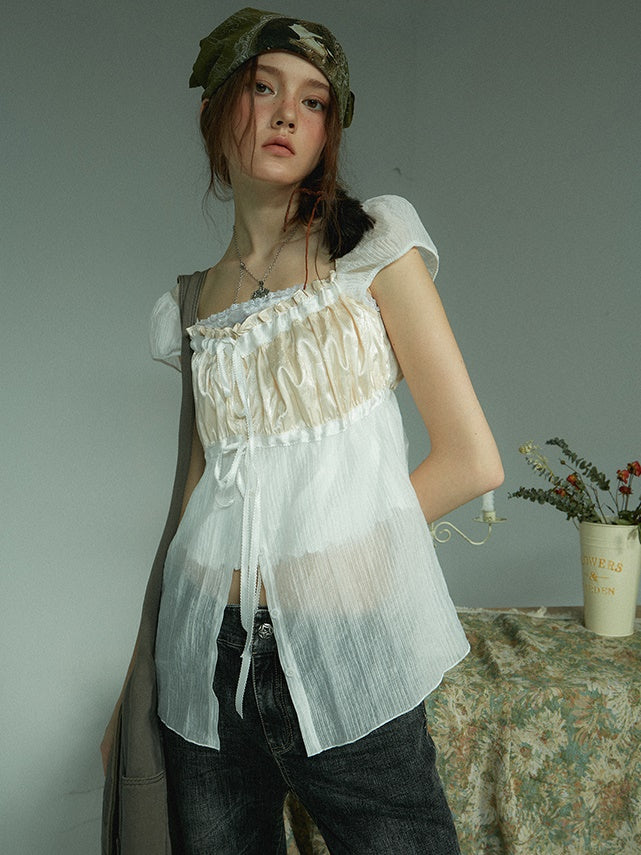 Retro Satin Stitching Tulle Shirt