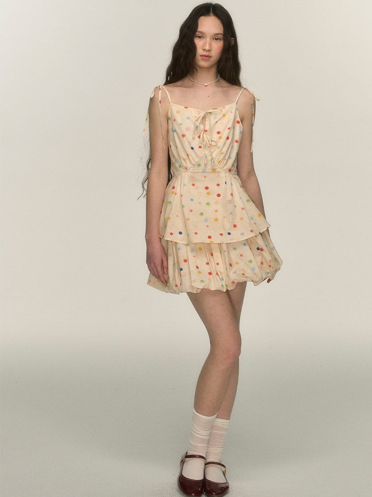 Colorful Polka Dot Print Camisole ＆ Tutu Balloon Skirt