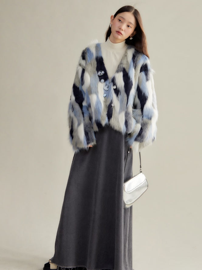 Contrast Color Eco-friendly Fur Short Furry Coat