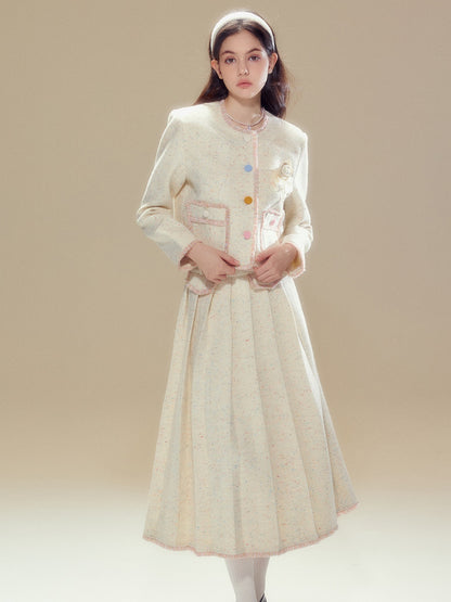 Camellia Contrast Button No Collar Jacket ＆ Pleated Long Skirt