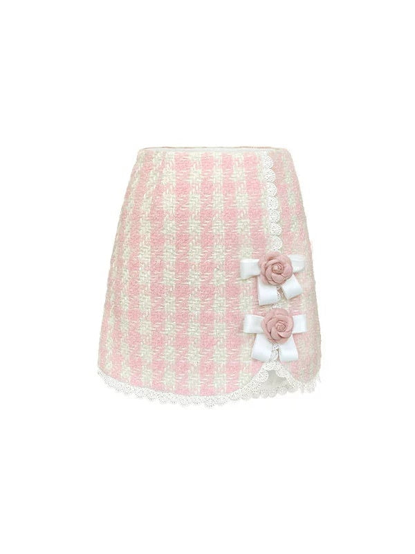 Plaid Bow Flower Brooch Lace Padded Short Jacket ＆ Skirt