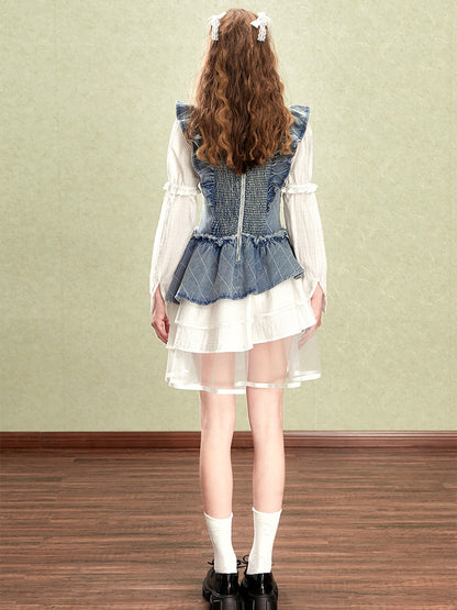 Small Flying Sleeve Stitching Denim Fake Two-piece Dress