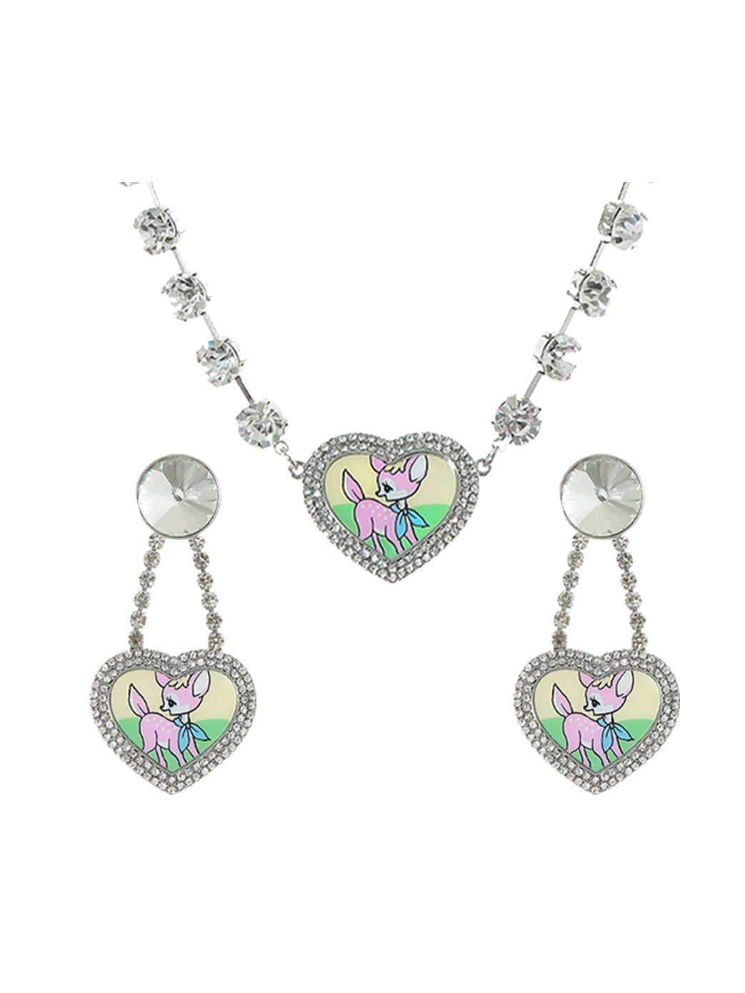 CARTOON DEER CUTE STDDED RHINESTONE EARRINGS &amp; PIERCE &amp; NECKLACE