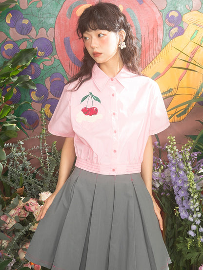 Retro Cream Cherry Embroidered Short-sleeved Shirt