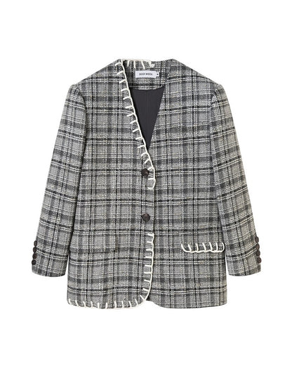 Woven Plaid No-Collar Jacket ＆ Vest ＆ Pleated Skirt