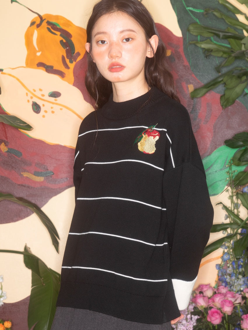 Apple Embroidery Border Round Neck Sweater