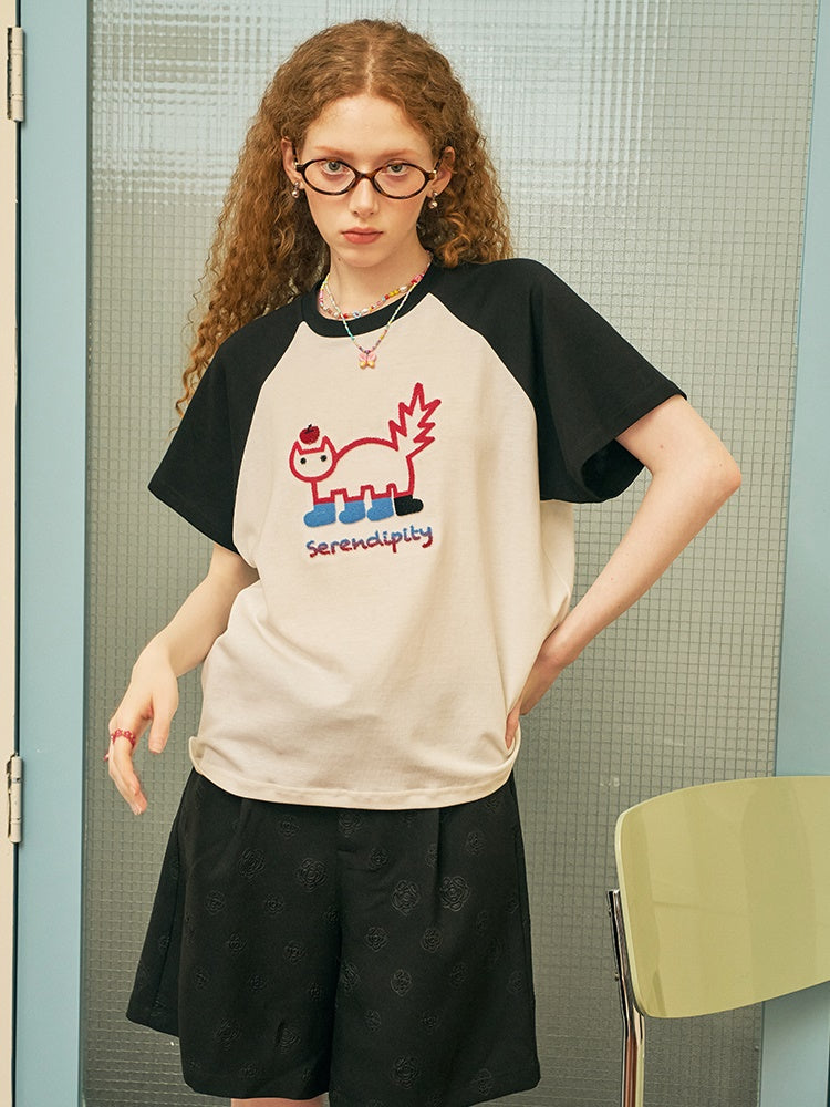 Cartoon Embroidery Raglan Sleeve T-shirt