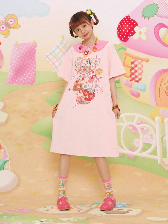 Doll Collar Printed Short-sleeved T-shirt One-piece