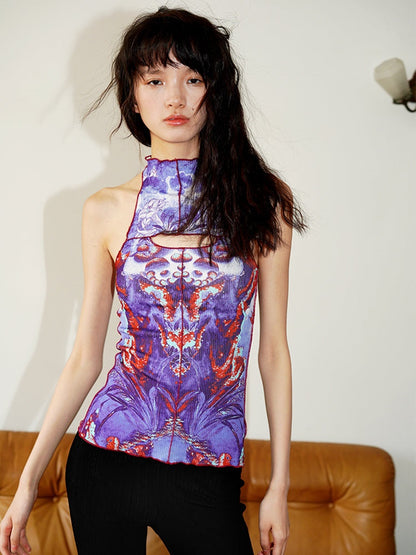 Chinese Printing Slim Stand Collar Tank Top