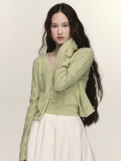 Hollow Heart Knitted Cardigan &amp; Camisole Set-up