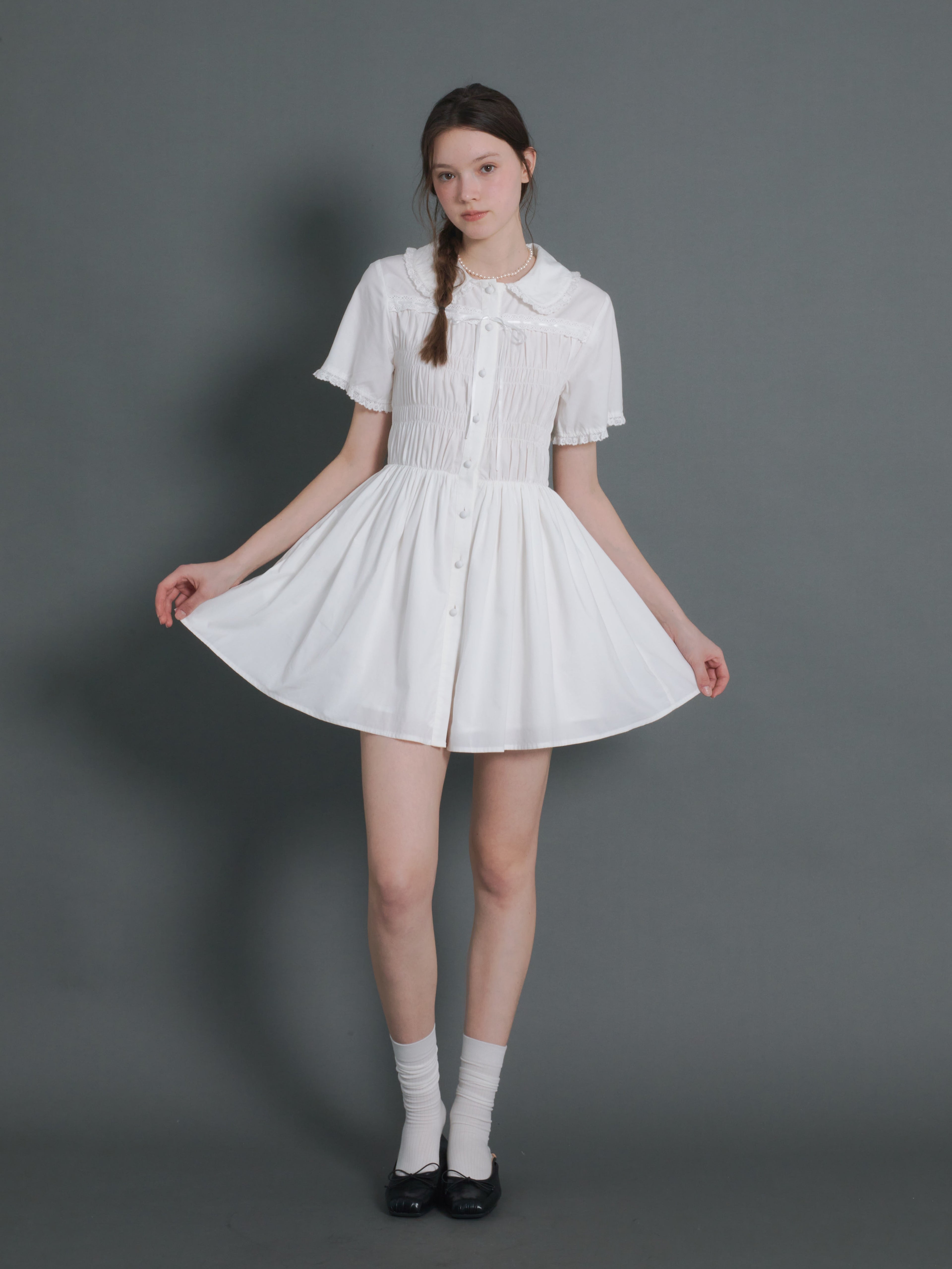 Doll Neck Gather Short Sleeve One-piece