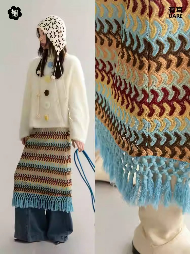 Crochet Colorful Nichi Tassel Knit Long-Skirt