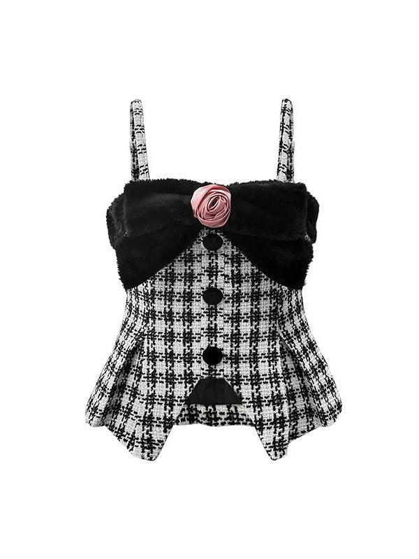 Plaid Tweed Flower Ribbon Design Camisole &amp; Pelry Puffrock