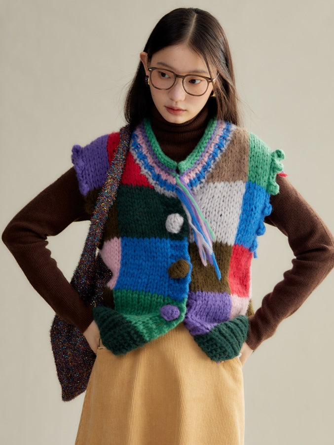 Patchwork Color Knitted Vest Cardigan