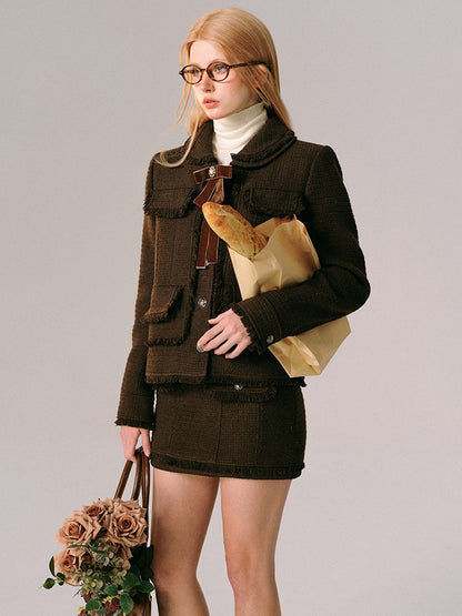 College Style Tweed Short Jacket &amp; Mini Skirt