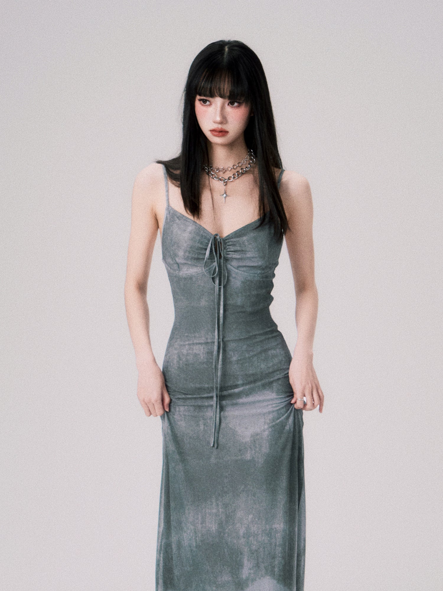 Tie-dyed Ink Painting Mesh Elastic Suspender Dress