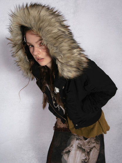 Fur Collar Short Hooded Bomber Jacket