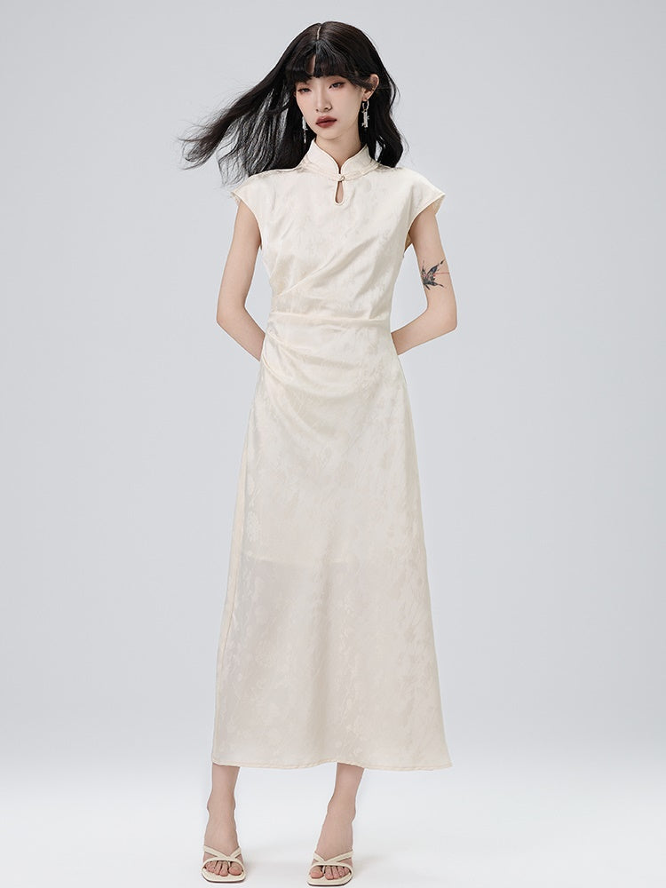 Chinese Style Side Drape French Sleeve Long Dress