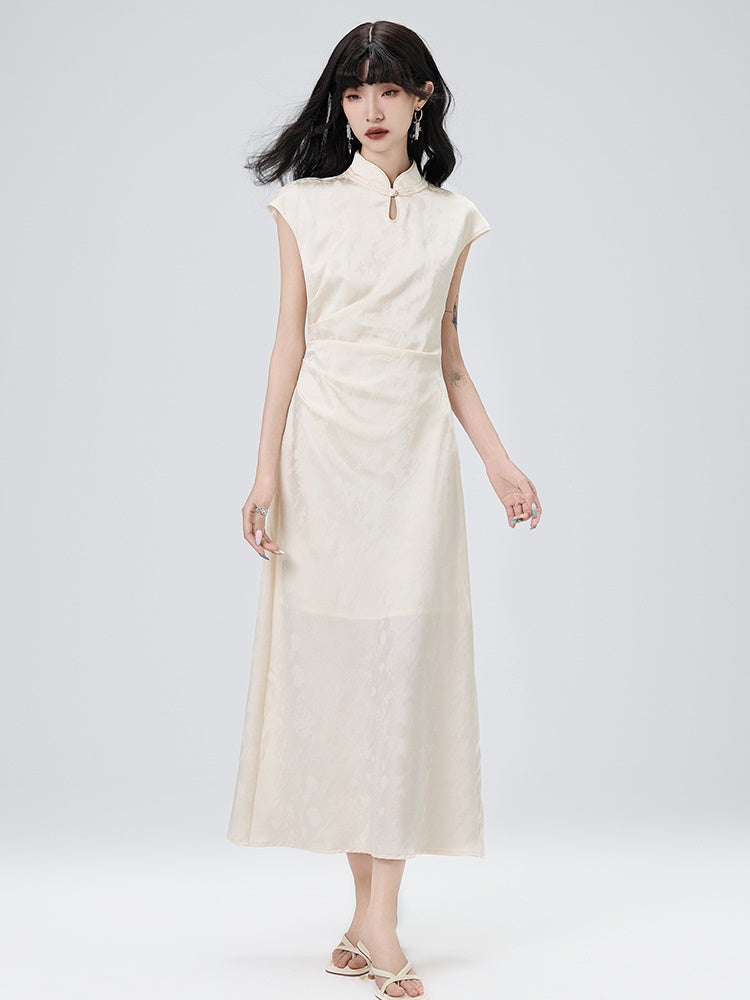 Chinese Style Side Drape French Sleeve Long Dress