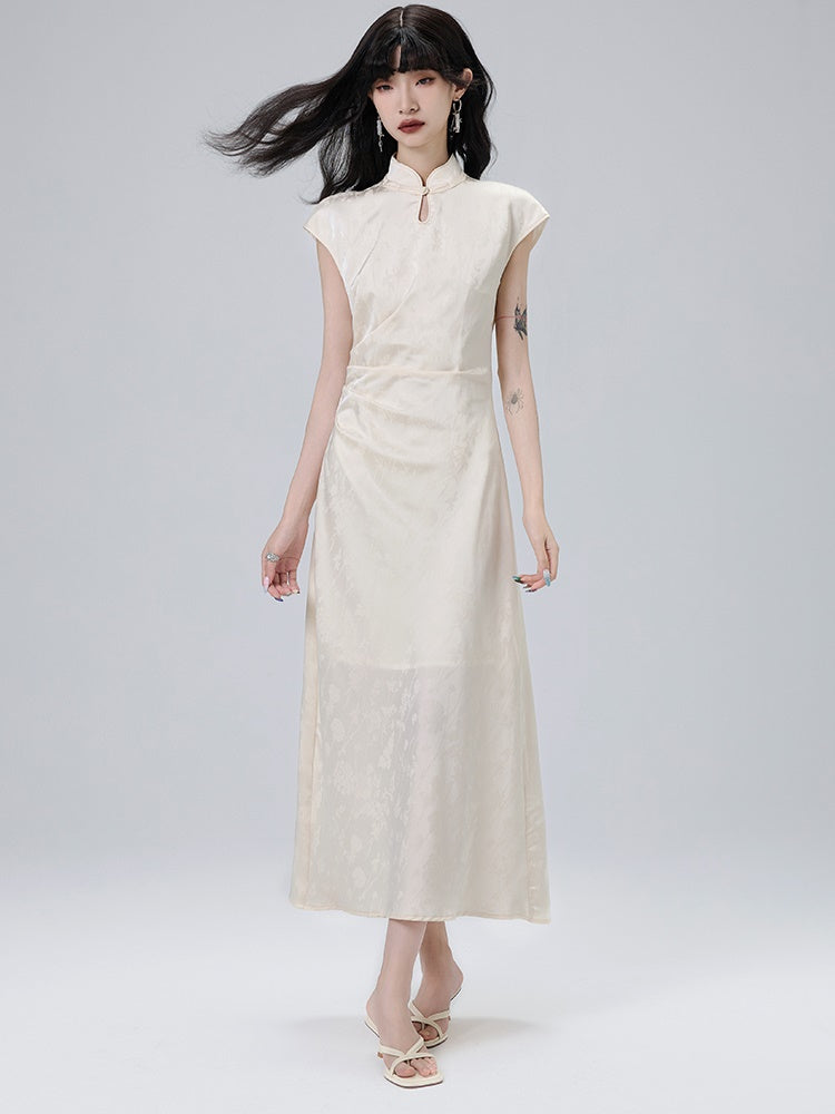 Chinese Style Side Drape French Sleeve Long Dress