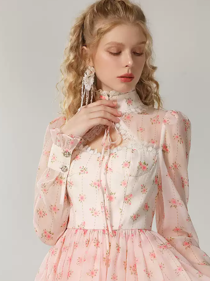 Sheer Flower Sweet High-Neck Lace Frill Short Dress