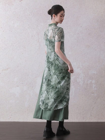 Chinese Style Bamboo Leaf Print Long Shirt ＆ Camisole One-piece Set-up