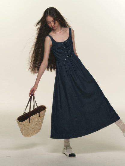 Lace-up Sleeveless Denim Drawstring One-piece