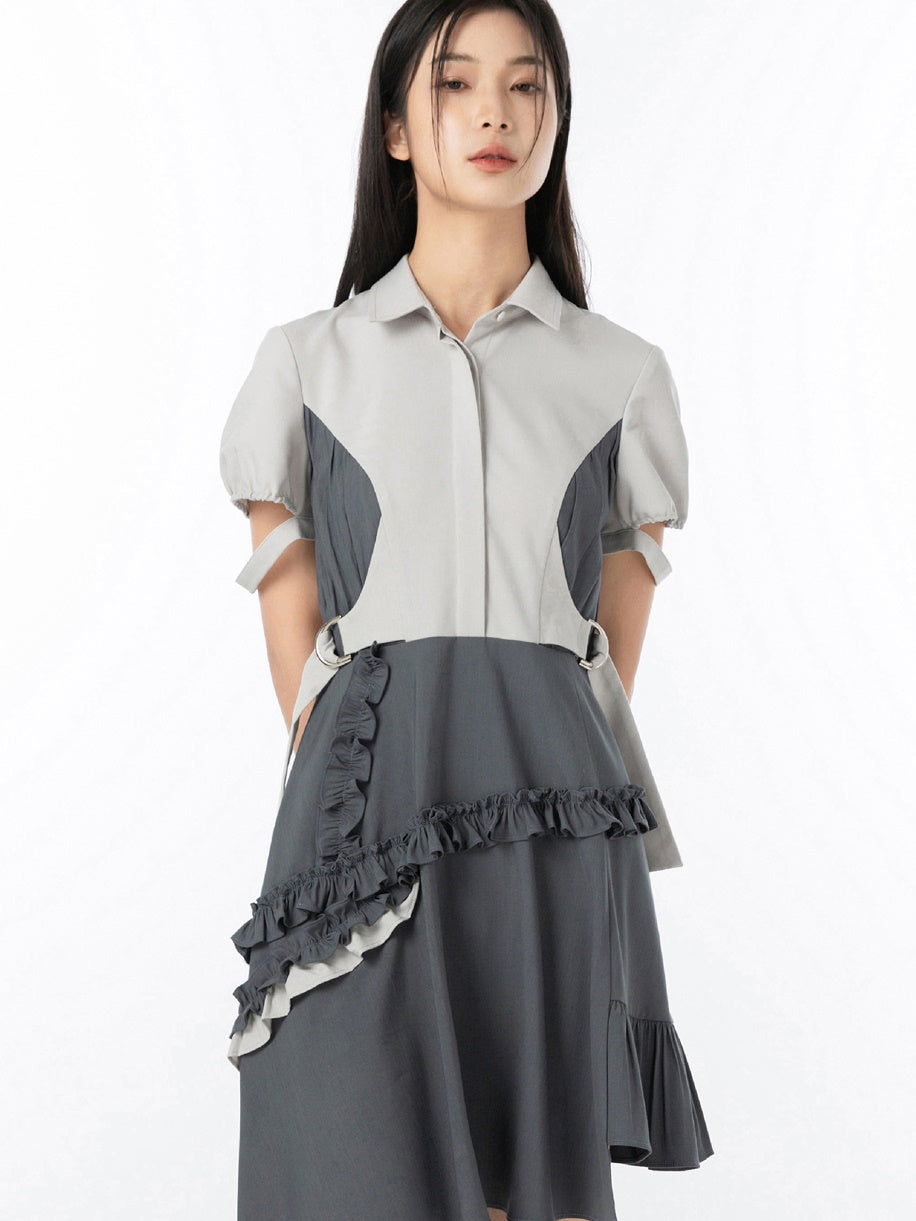 Side Waist Stitching Shirt Collar One-piece