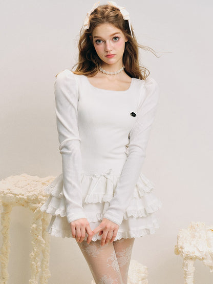 U-neck Puff Sleeve Switching Design Puffy Cake Dress