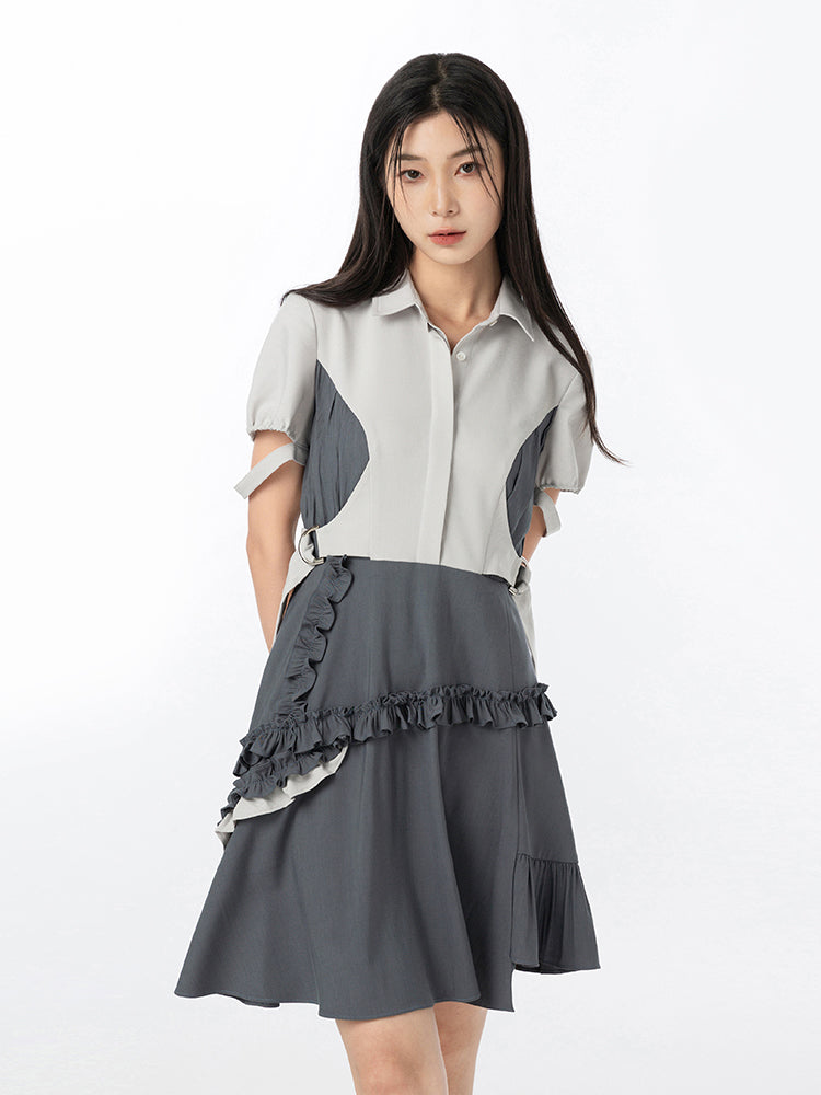 Side Waist Stitching Shirt Collar One-piece