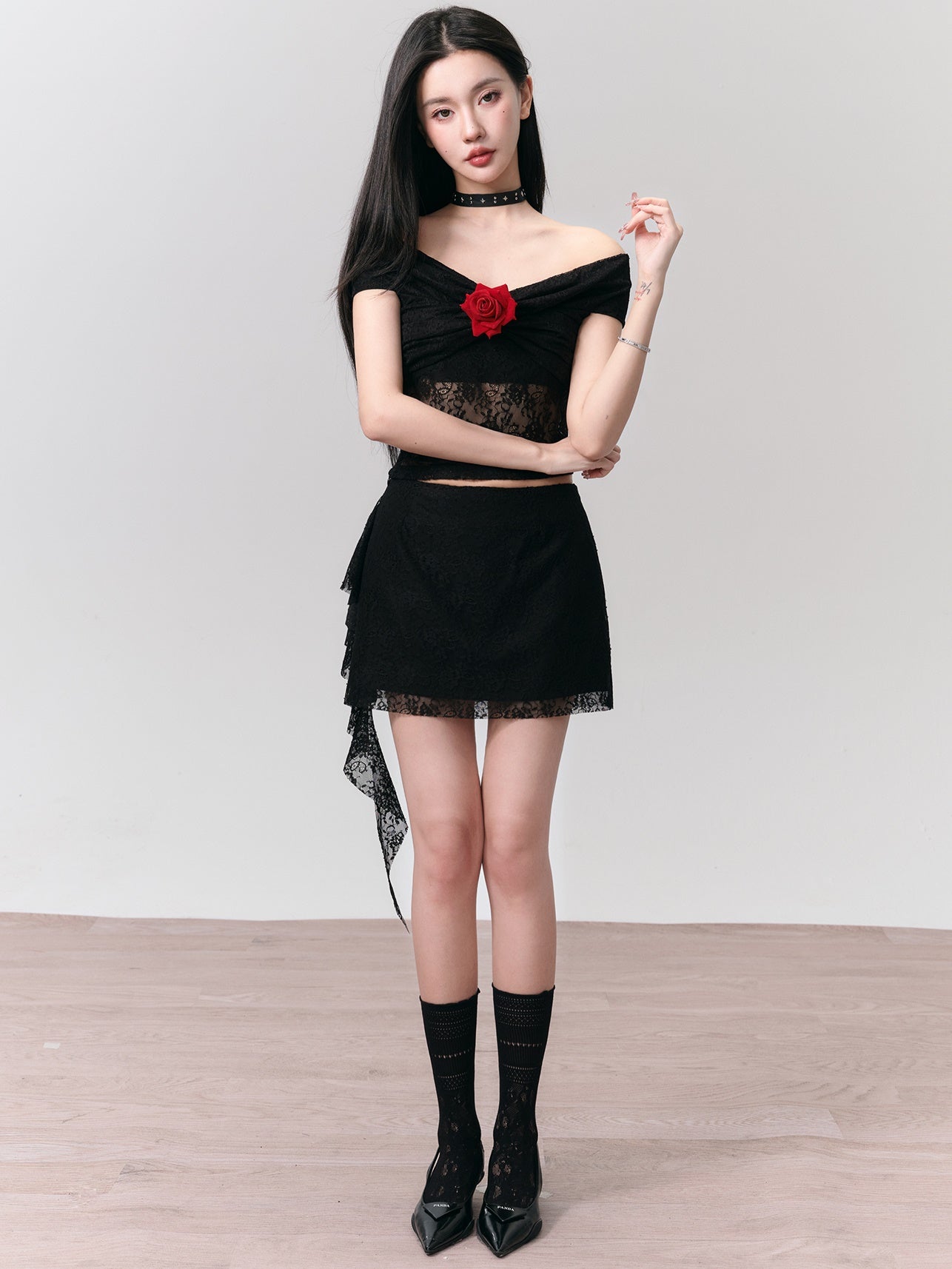 Floyd Rose Lace Slim Off-Shoulder Top &amp; Ruffle Skirt