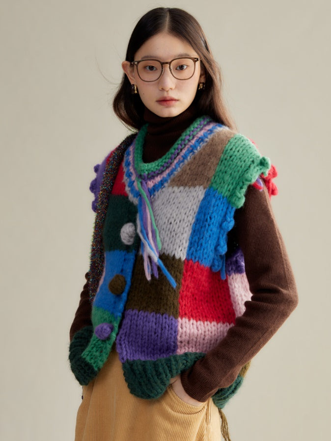 Patchwork Color Knitted Vest Cardigan