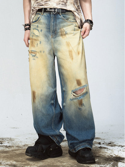 Mud-dyed Ripped Wide Straight Jeans